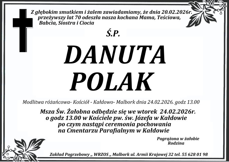 Zmarła Danuta Polak. Miała 70 lat.