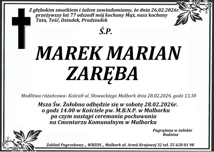 Zmarł Marek Marian Zaręba. Miał 77 lat.