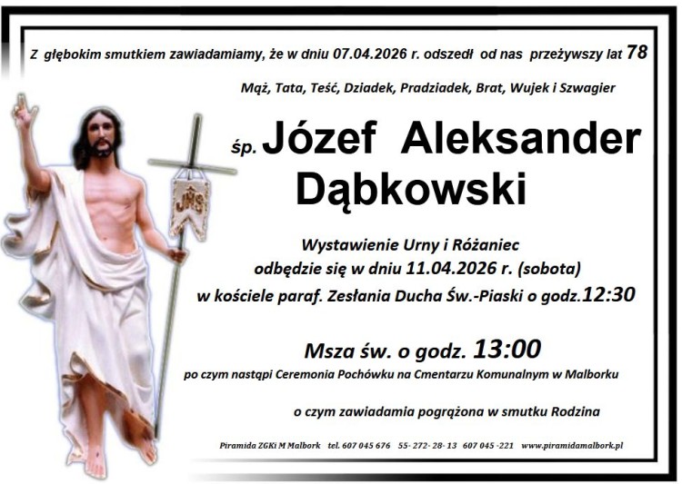Zmarł Józef Aleksander Dąbkowski. Miał 78 lat.