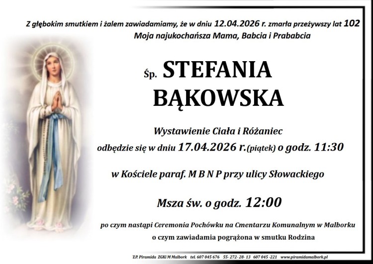Zmarła Stefania Bąkowska. Żyła 102 lata.