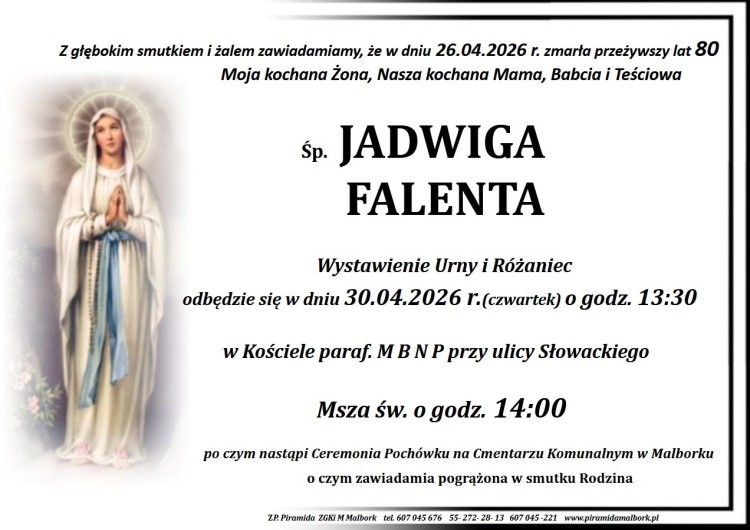 Zmarła Jadwiga Falenta. Miała 80 lat.