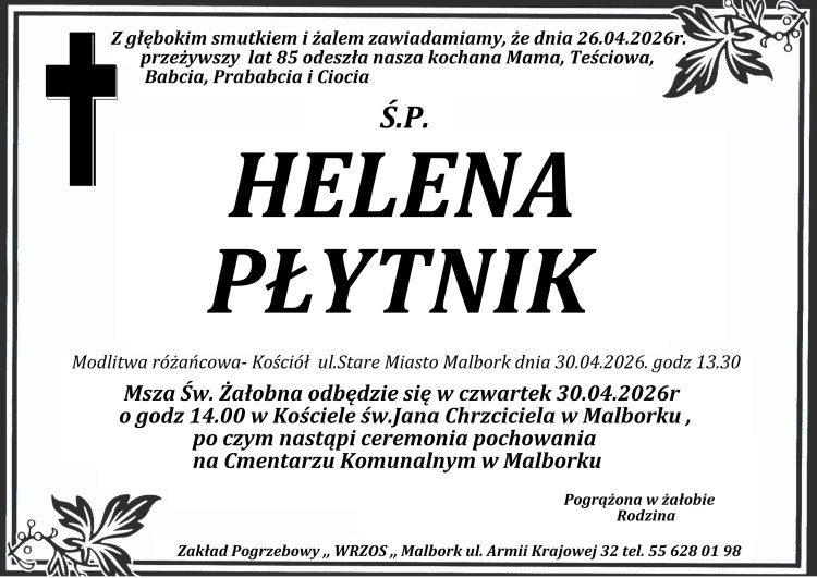 Zmarła Helena Płytnik. Miała 85 lat.