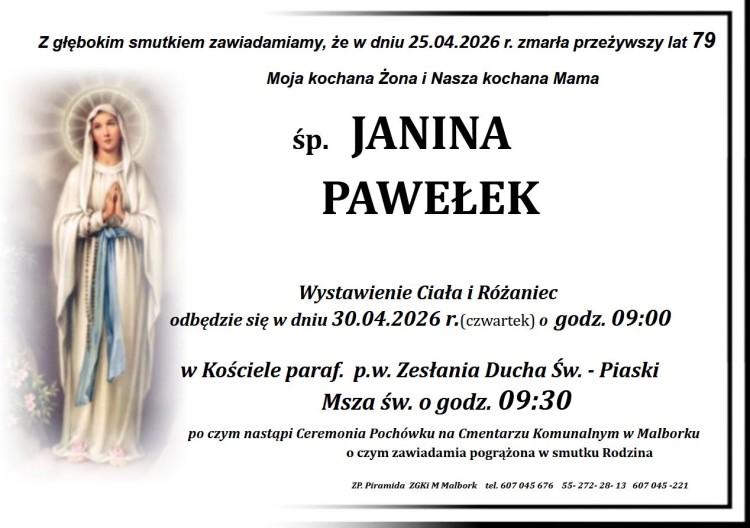 Zmarła Janina Pawełek. Miała 79 lat.