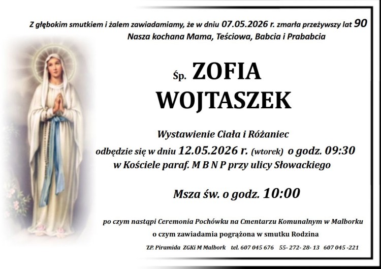 Zmarła Zofia Wojtaszek. Miała 90 lat.