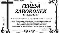 Zmarła Teresa Zaboronek. Żyła 85 lat.