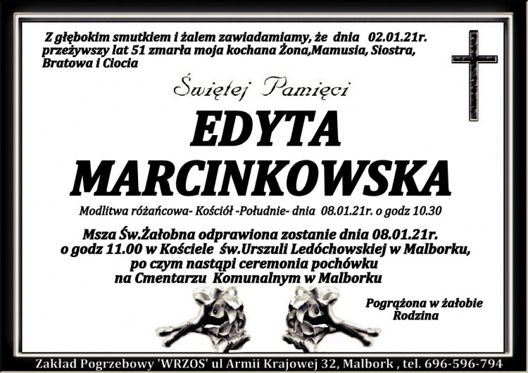 Zmarła Edyta Marcinkowska. Żyła 51 lat.