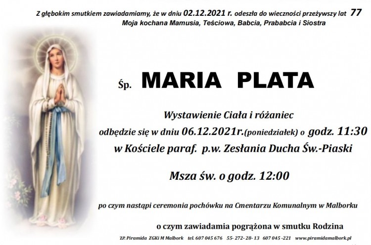 Zmarła Maria Plata. Żyła 77 lat.